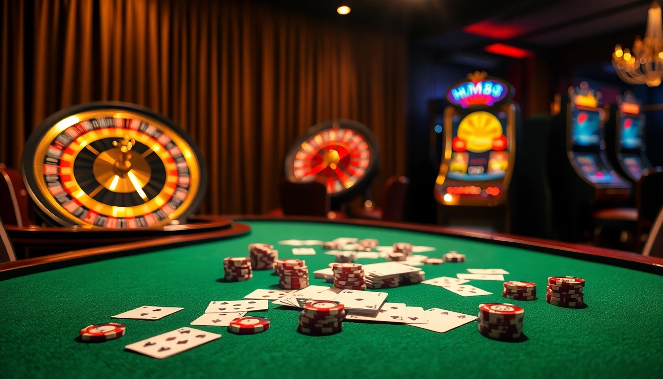 Experience thrilling gameplay at HM88 with poker chips and cards on an elegant casino table.