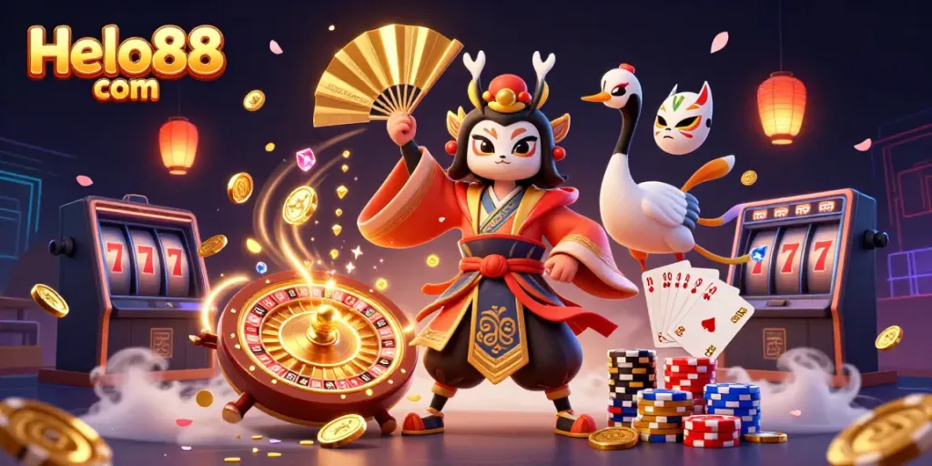 Players enjoying the excitement of Helo88 com with dynamic casino elements in a lively 3D scene.