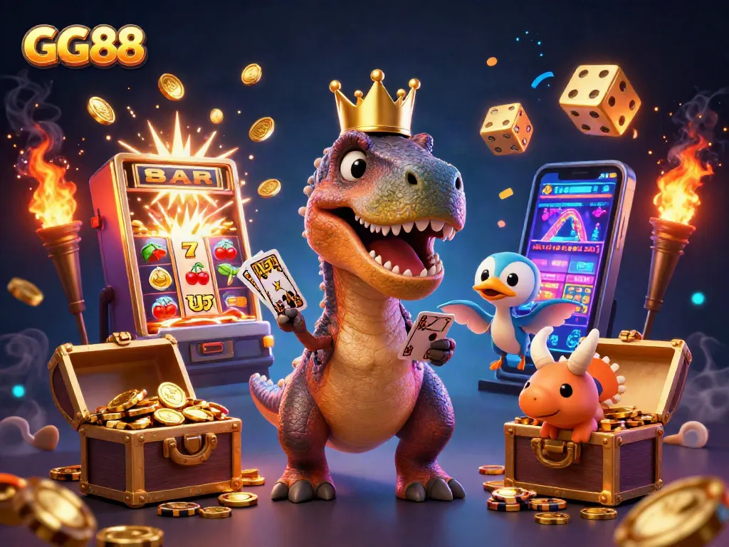 Engage in the vibrant GG88 casino experience with a fun T-Rex and friends amid exploding jackpots.