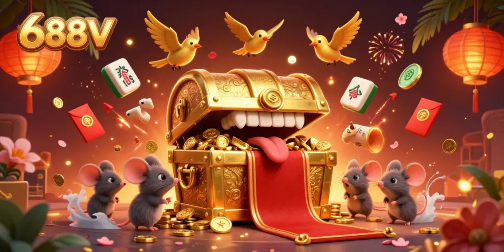 Immerse in 688V's gambling adventure with fun cartoon characters amidst vibrant casino elements.