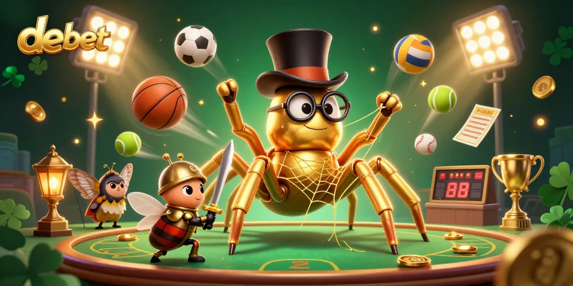 Engage with debet's vibrant 3D scene featuring a golden tarantula and sports symbols.