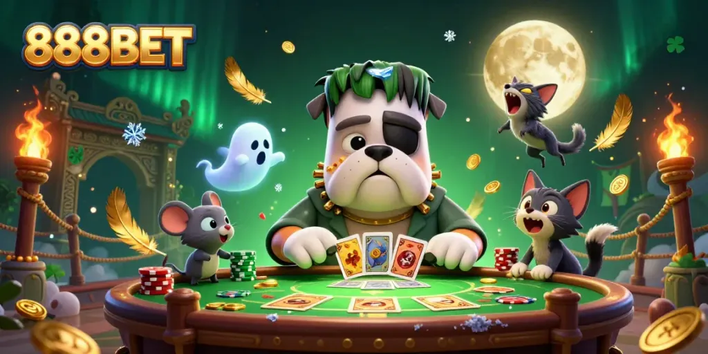 Experience 888BET excitement with a 3D cartoon illustration displaying a playful casino atmosphere of monsters and magical elements.