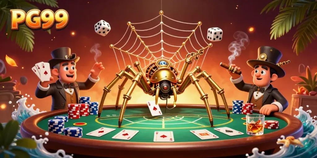 Experience PG99 with this captivating 3D illustration of a steampunk spider and gaming elements.