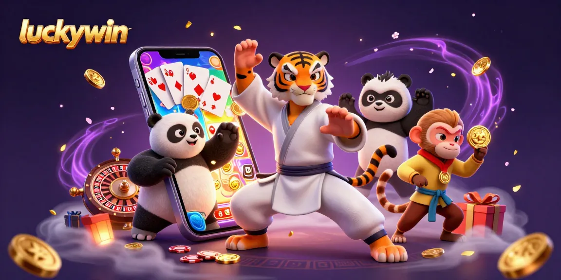Engage with luckywin at this vibrant 3D casino scene featuring dynamic elements like slot games and golden coins.