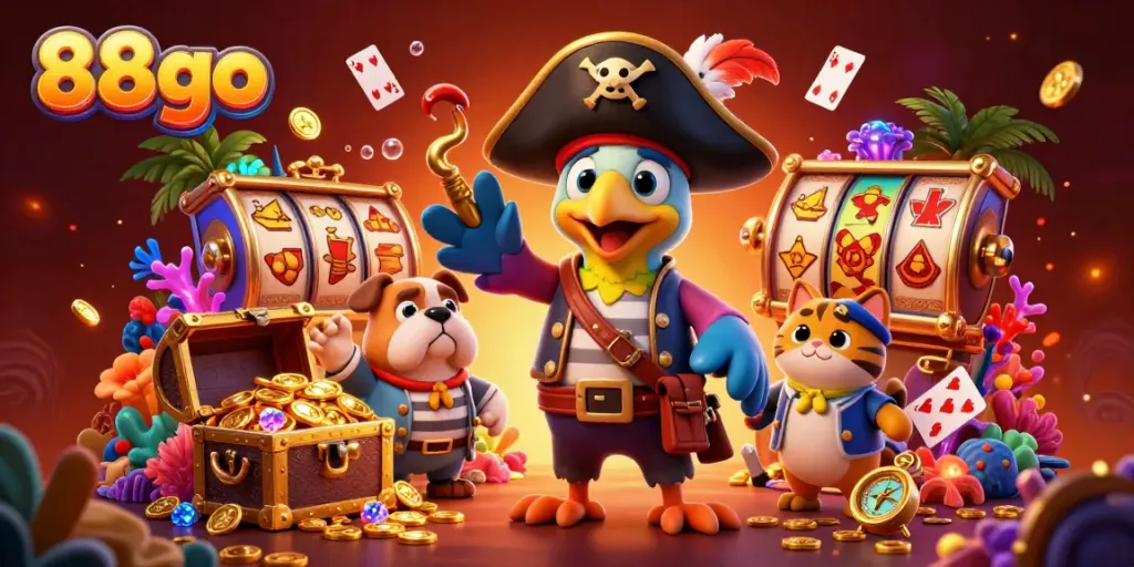 Engaging 88go casino scene with a pirate captain and friends amidst gold coins and vibrant gaming elements.