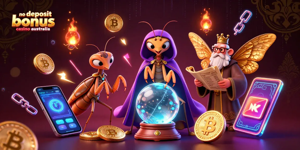 No deposit bonus casino australia illustrates dynamic scene with vibrant 3D characters and gambling elements.