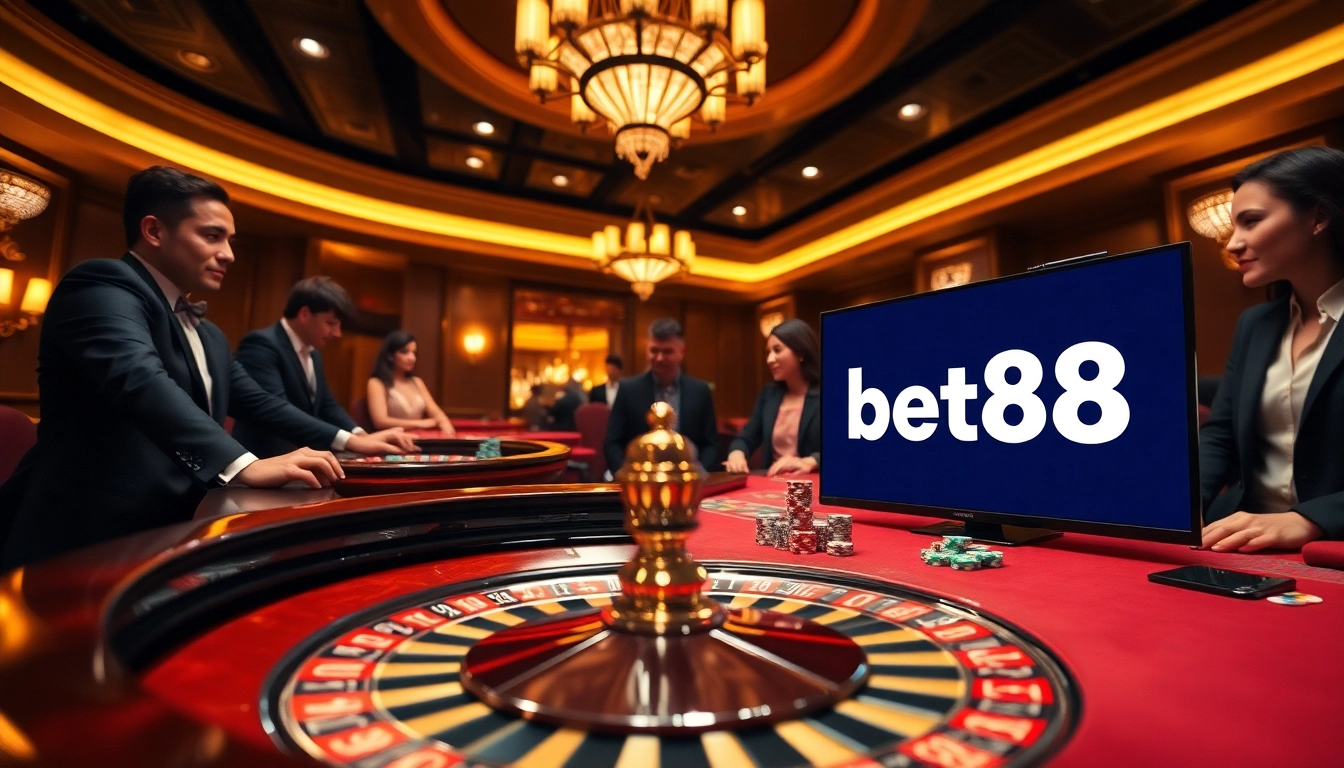 Experience the excitement of Bet88 đăng nhập in a vibrant casino setting with roulette, poker chips, and sleek digital displays.