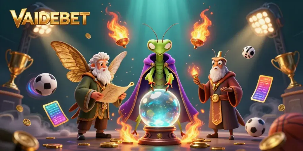 Experience VAIDEBET’s thrilling gambling universe with vibrant sports elements and magical characters.