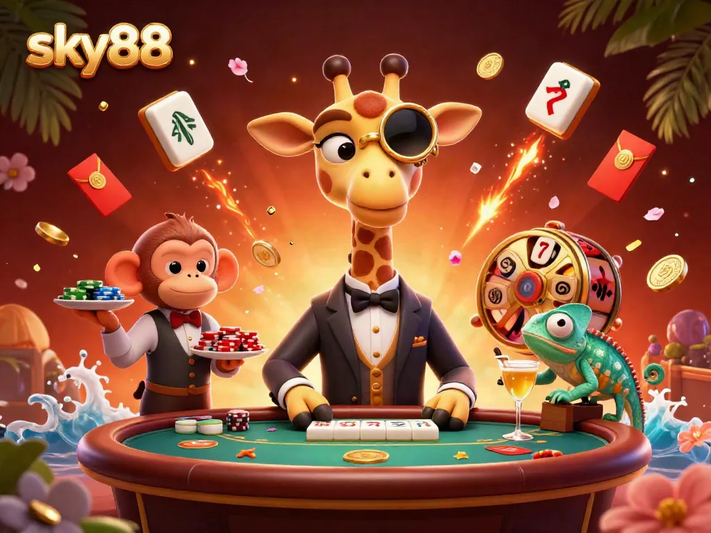 Experience thrilling poker action at sky88 with a giraffe in a suit and lively casino elements.
