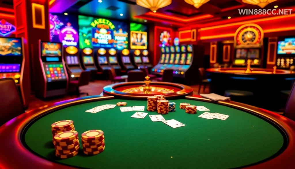 Experience thrilling gameplay at win88cc.net with a luxurious casino atmosphere filled with poker tables and slot machines.