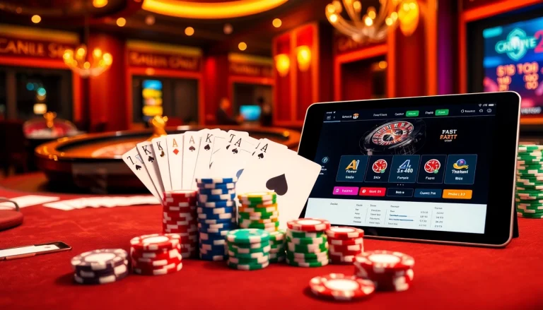 Players enjoy thrilling casino games at THABET, featuring poker chips and a roulette wheel.