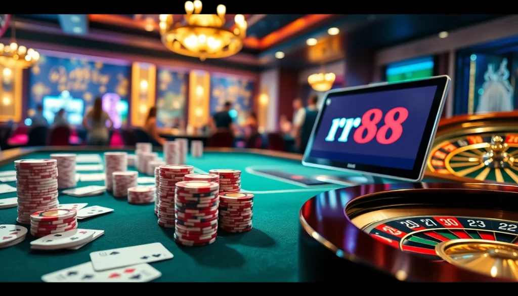Experience the excitement of gambling at rr88.com with a luxury poker scene and online gaming elements.