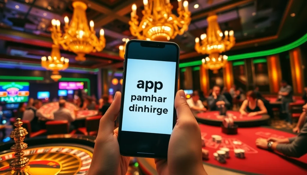 Cenário de cassino envolvente mostrando o app para ganhar dinheiro de verdade em um dispositivo móvel, ao lado de elementos de roleta e pôquer.