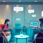 Crushon AI chatbot interaction scene with diverse users in a tech-friendly environment.