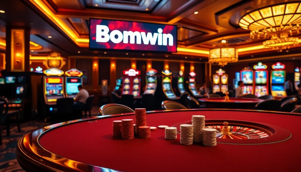 Bomwin players engaging at a high-stakes poker table in a luxurious casino environment.
