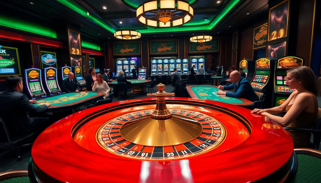 Excited players at a luxurious casino engage in roulette and poker, showcasing the vibrant go8 gambling experience.
