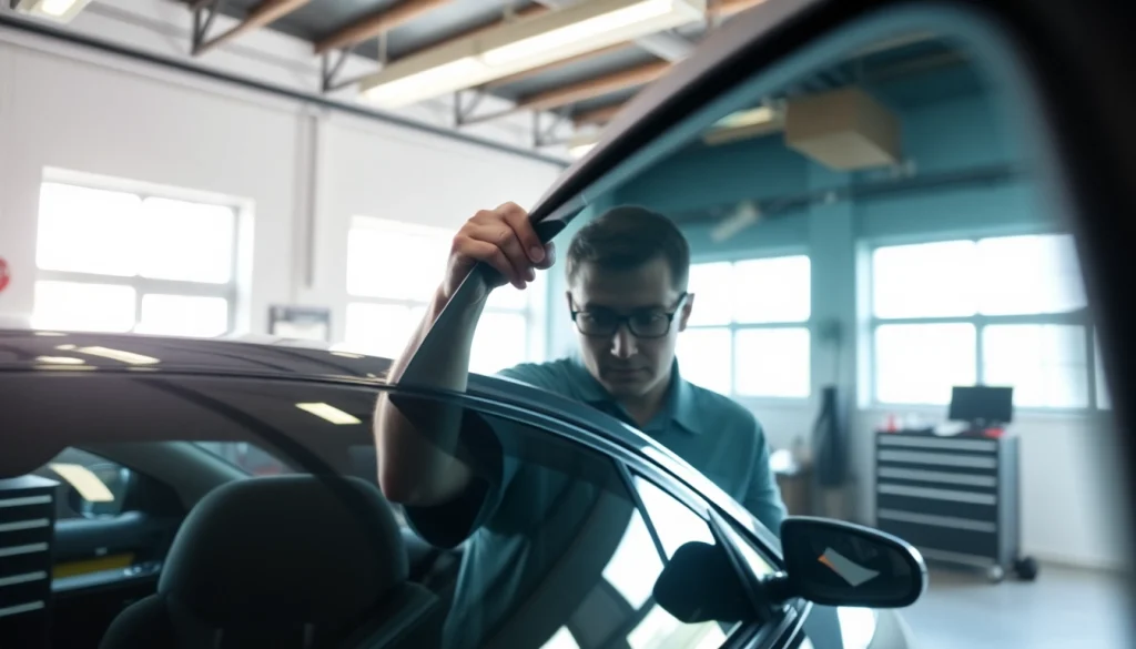 Find nearby window tint specialists expertly applying film to a vehicle's window.