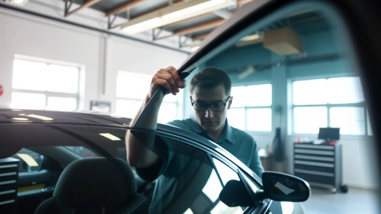 Find nearby window tint specialists expertly applying film to a vehicle's window.