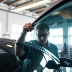 Find nearby window tint specialists expertly applying film to a vehicle's window.