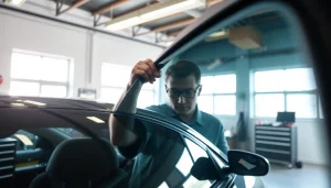 Find nearby window tint specialists expertly applying film to a vehicle's window.