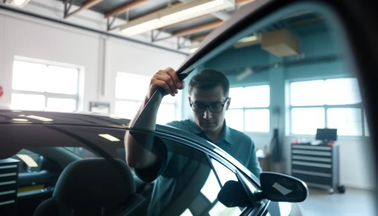 Find nearby window tint specialists expertly applying film to a vehicle's window.