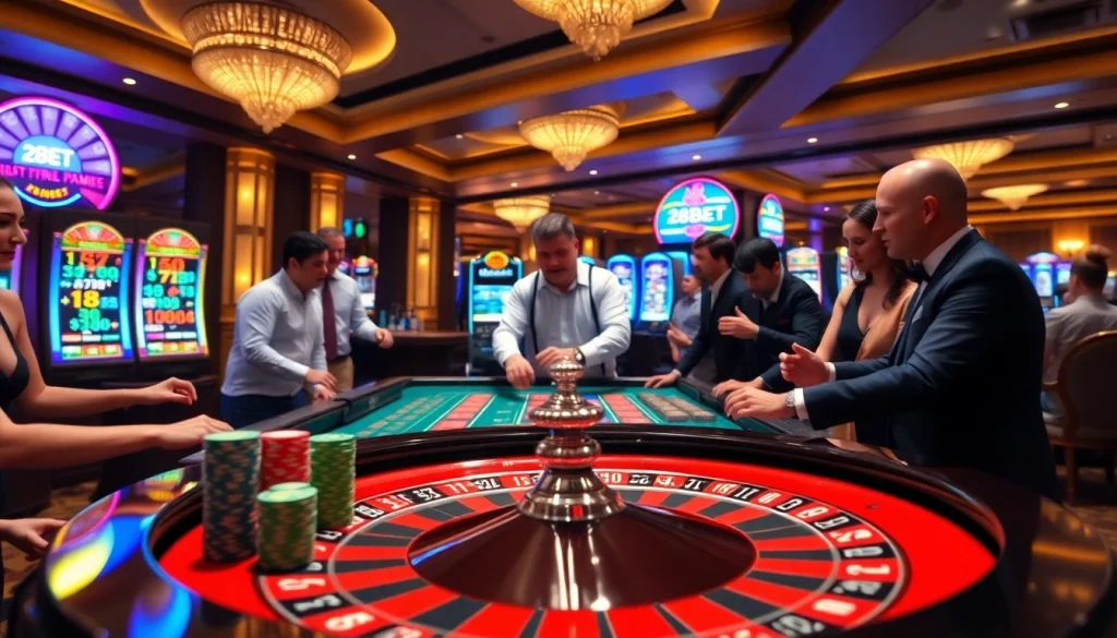 Excited players wagering at the luxurious 28BET casino roulette table