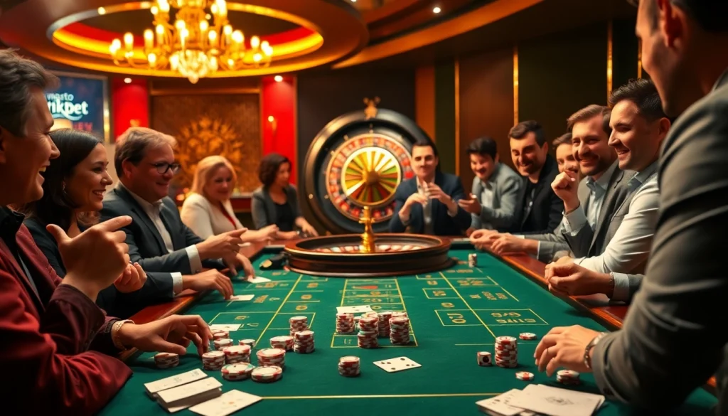 Players engaging in an exciting casino game at rikbet, featuring poker chips and roulette.
