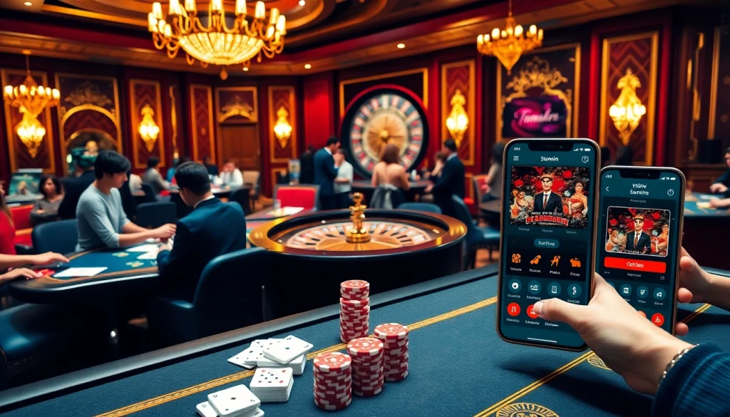 Exciting gambling scene with "tải sunwin" app displayed on a mobile device among casino tables and chips.
