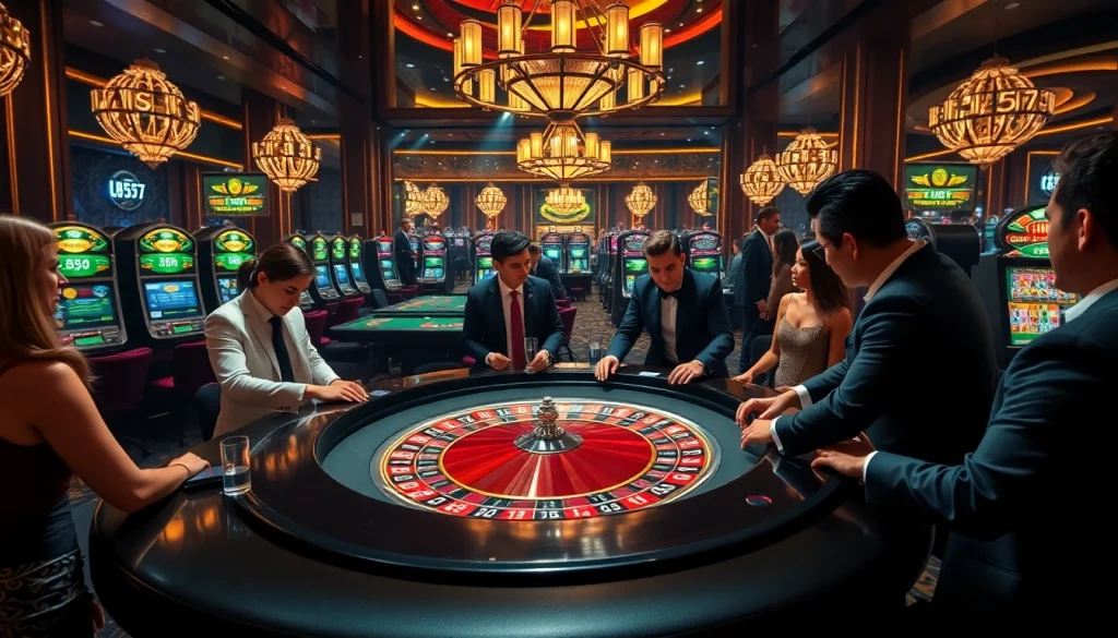 Experience the thrill of l567 with players at the poker table in an opulent casino setting.