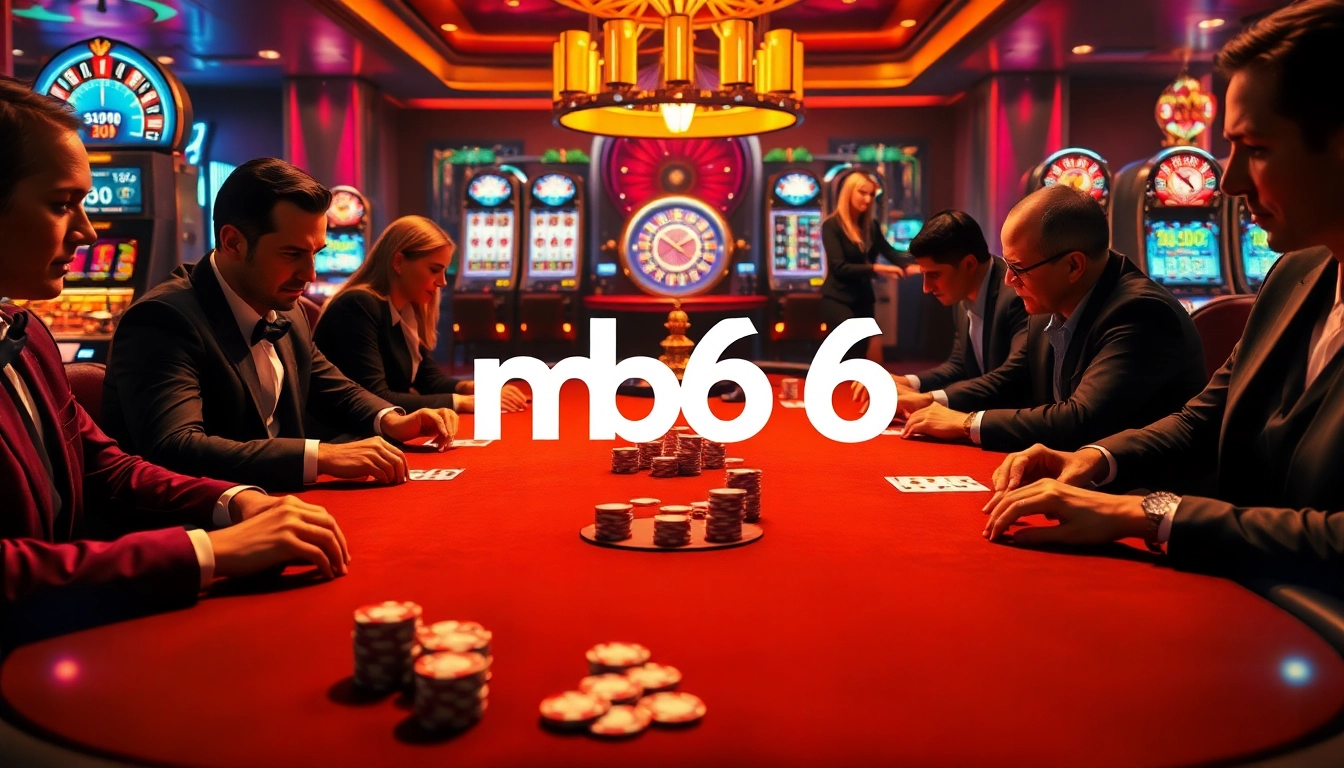 Players enjoy high-stakes poker at mb66 casino, surrounded by luxurious gaming elements.
