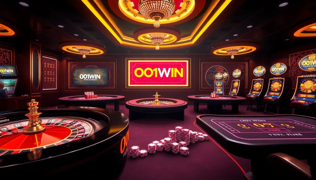 Viva uma jogabilidade empolgante na 001WIN, em uma ambientação de cassino de luxo com roleta e pôquer.