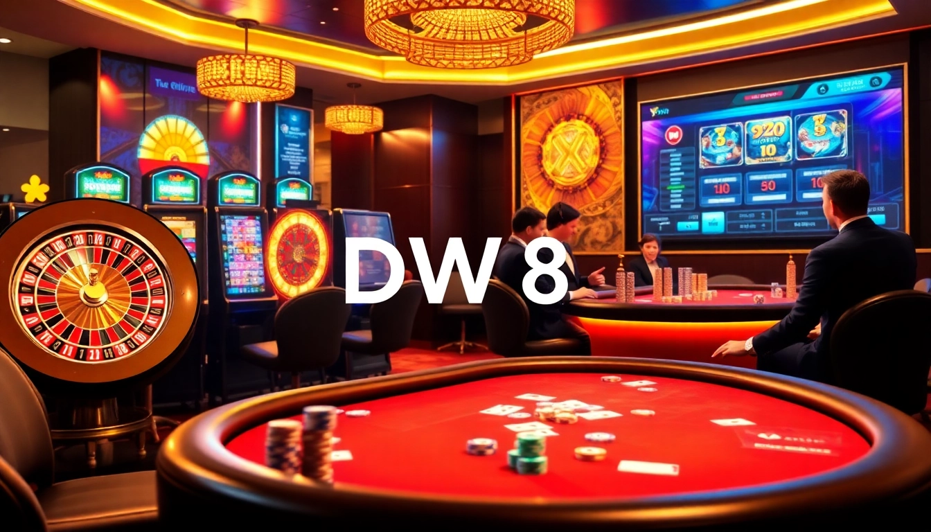 Engage with DW8's thrilling casino ambiance featuring vibrant tables and high-stakes gaming.