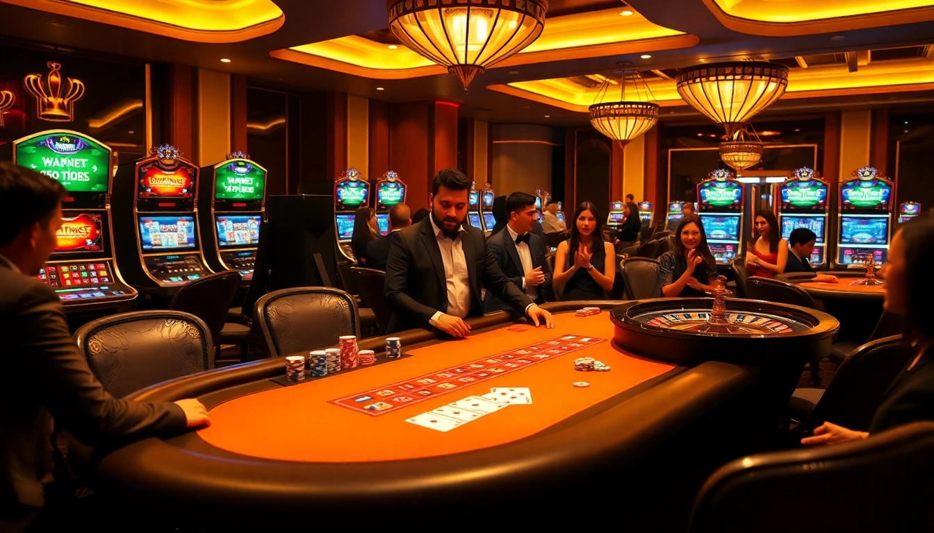 Engage with link vào 188bet at a vibrant casino scene, featuring a poker table and roulette wheel.