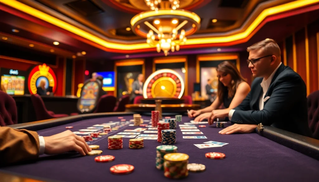 Players enjoy a thrilling game at alo789's luxurious casino, surrounded by vibrant poker chips and cards.