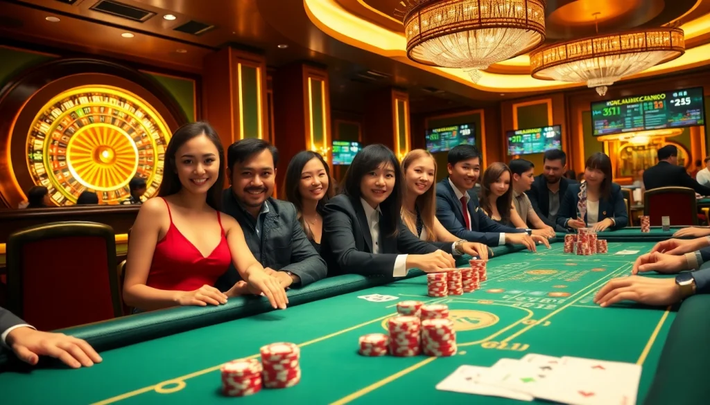 Exciting gambling action at 78win casino with vibrant tables, chips, and players engaged in activities.