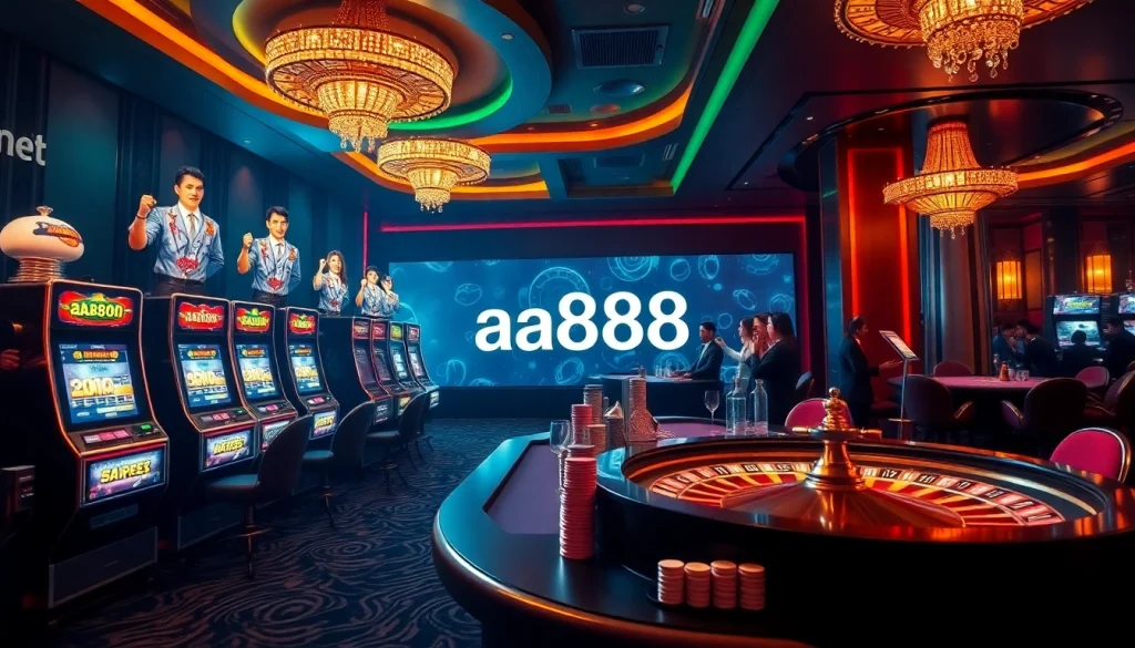 Jogadores comemorando suas vitórias em um cassino de alto padrão que apresenta a marca aa888 em um cenário vibrante.