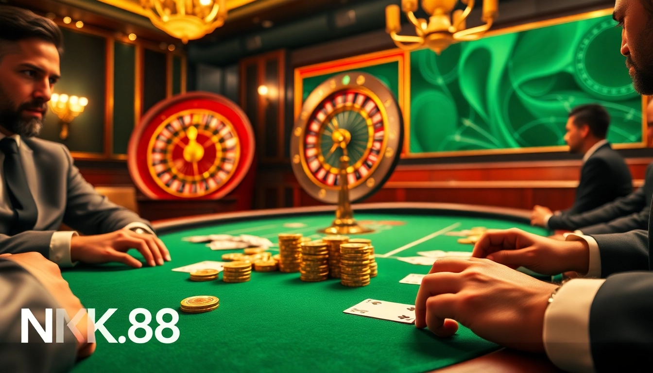 Engaged players at NK88 poker table, showcasing a thrilling casino experience.
