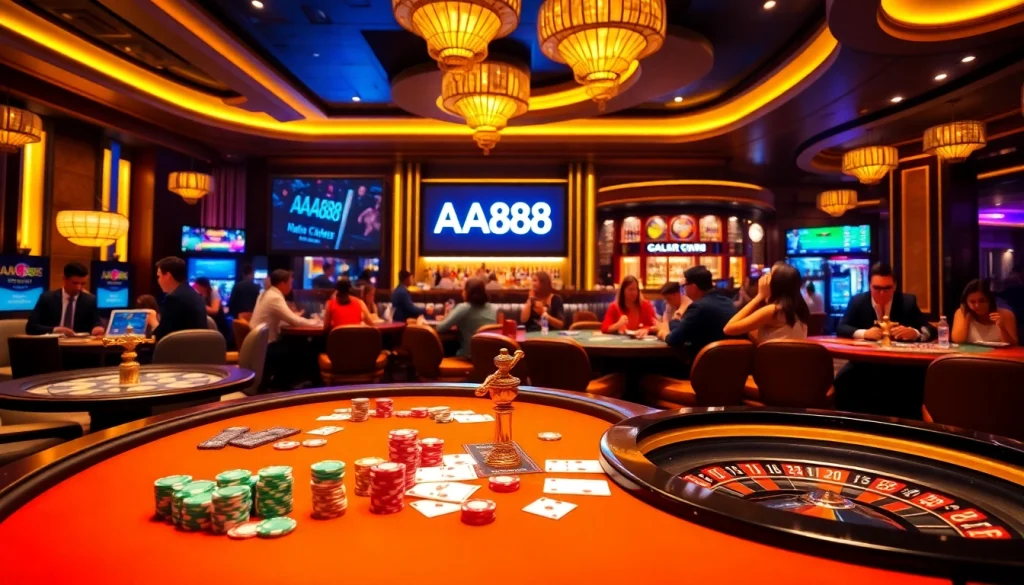 Cenário de jogo empolgante mostrando a atmosfera do cassino AA888 com roleta, fichas de pôquer e jogadores vibrantes.