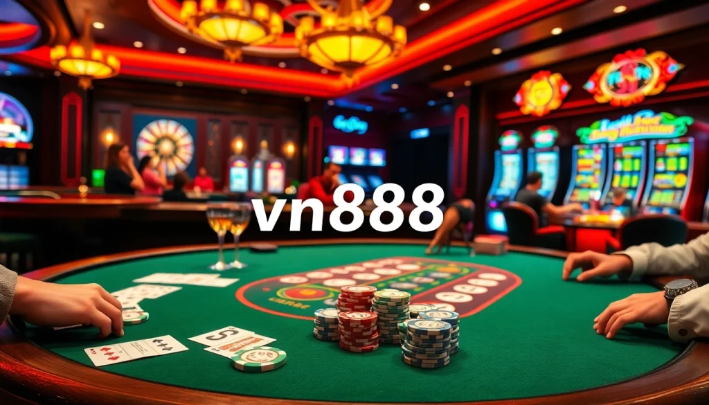 Experience the thrill of gambling at VN888's vibrant casino with poker tables and slot machines.