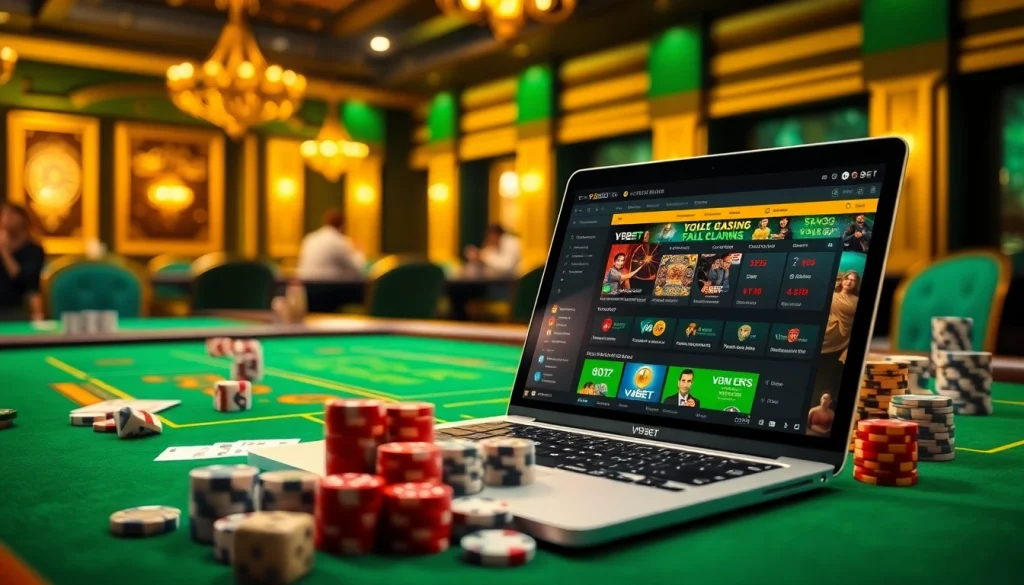 Experience thrilling online gambling with V9BET đang nhập, showcasing vibrant casino visuals of poker chips and betting excitement.