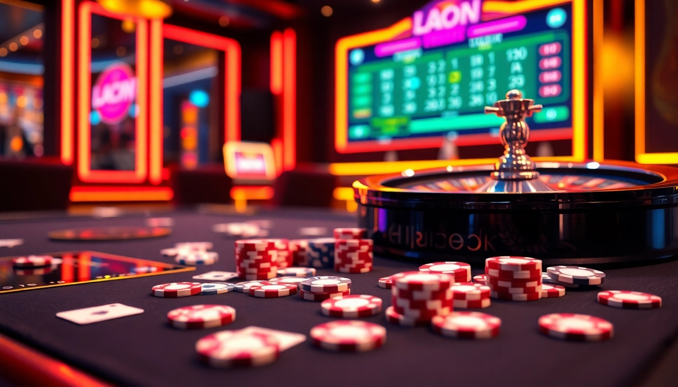 Players immerse in thrilling Luckywin casino games at a luxurious gaming table with roulette and poker elements.