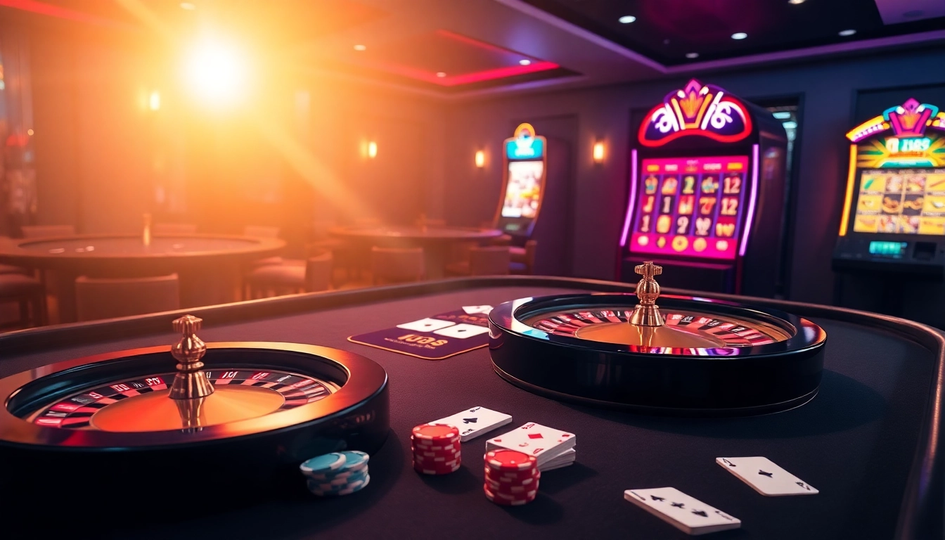 Experience the excitement of uu88 with vibrant gaming visuals showcasing roulette wheels and elegant casino tables.
