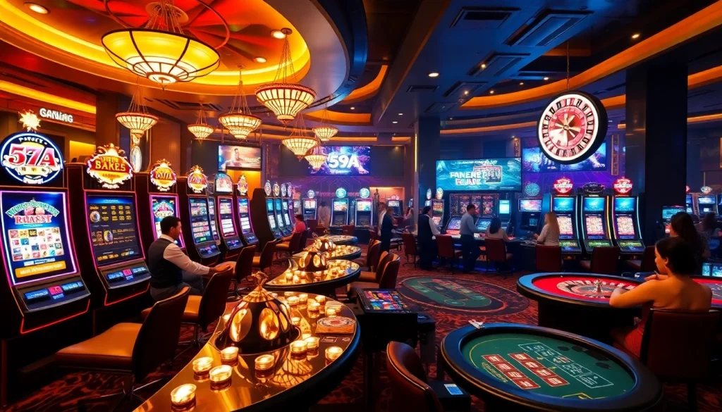 Jogadores aproveitando a emoção de apostar no cassino 59A com máquinas caça-níqueis coloridas e mesas de pôquer.