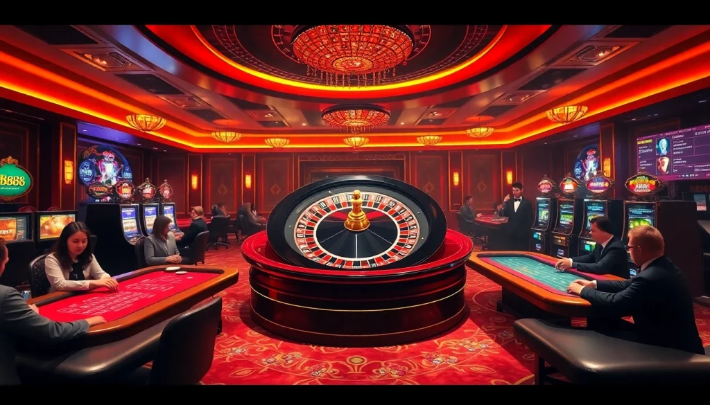 Experience thrilling gameplay at HB888 casino, clients enjoying high-stakes poker and roulette.