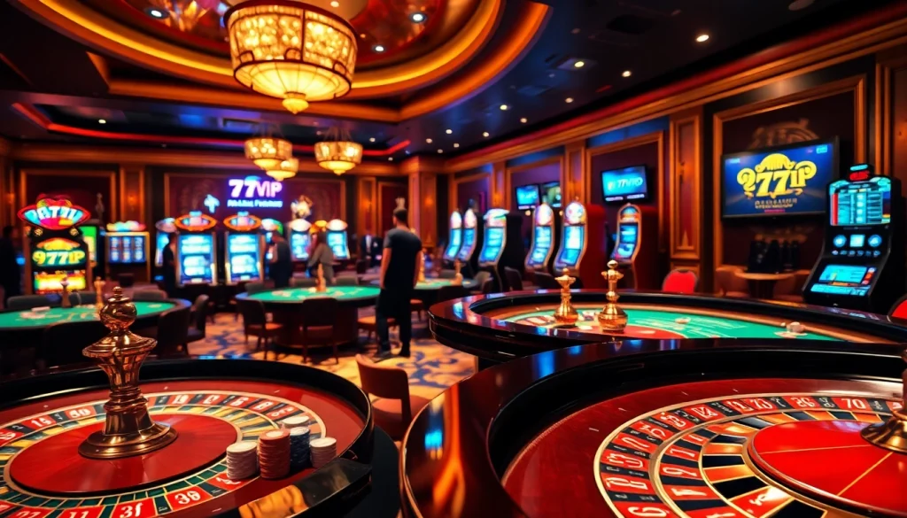 Exciting gaming action at 777vip casino with roulette and poker tables.