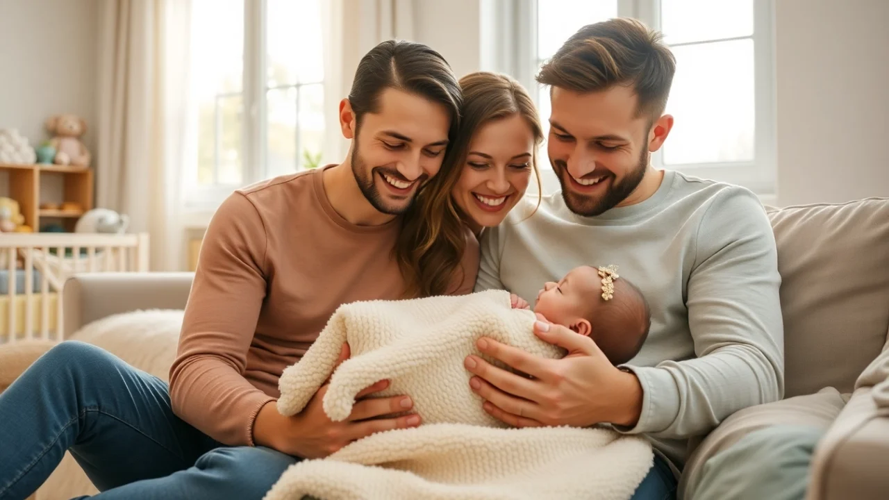 Family with new bornbaby enjoying a cozy moment together in a sunlit living room.
