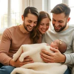 Family with new bornbaby enjoying a cozy moment together in a sunlit living room.