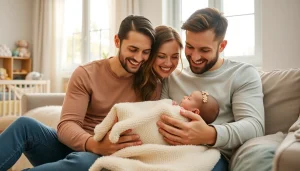 Family with new bornbaby enjoying a cozy moment together in a sunlit living room.
