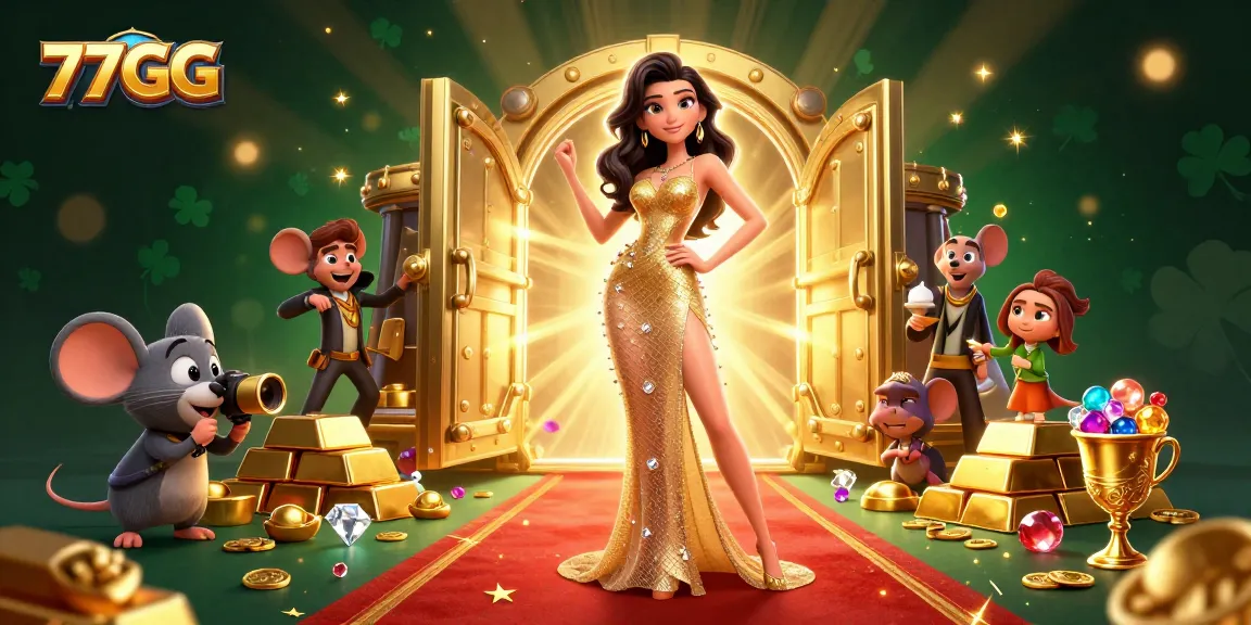 Experience excitement with 77GG's immersive gaming atmosphere filled with gold treasures and sparkling gems.