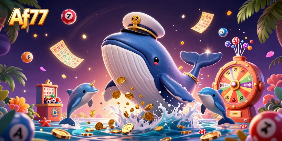Win big with Af77 as a cartoon whale, narwhal, and dolphins celebrate in a colorful casino